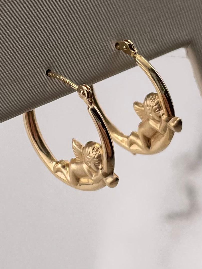 14K Yellow Gold Hoop Earrings With Angels