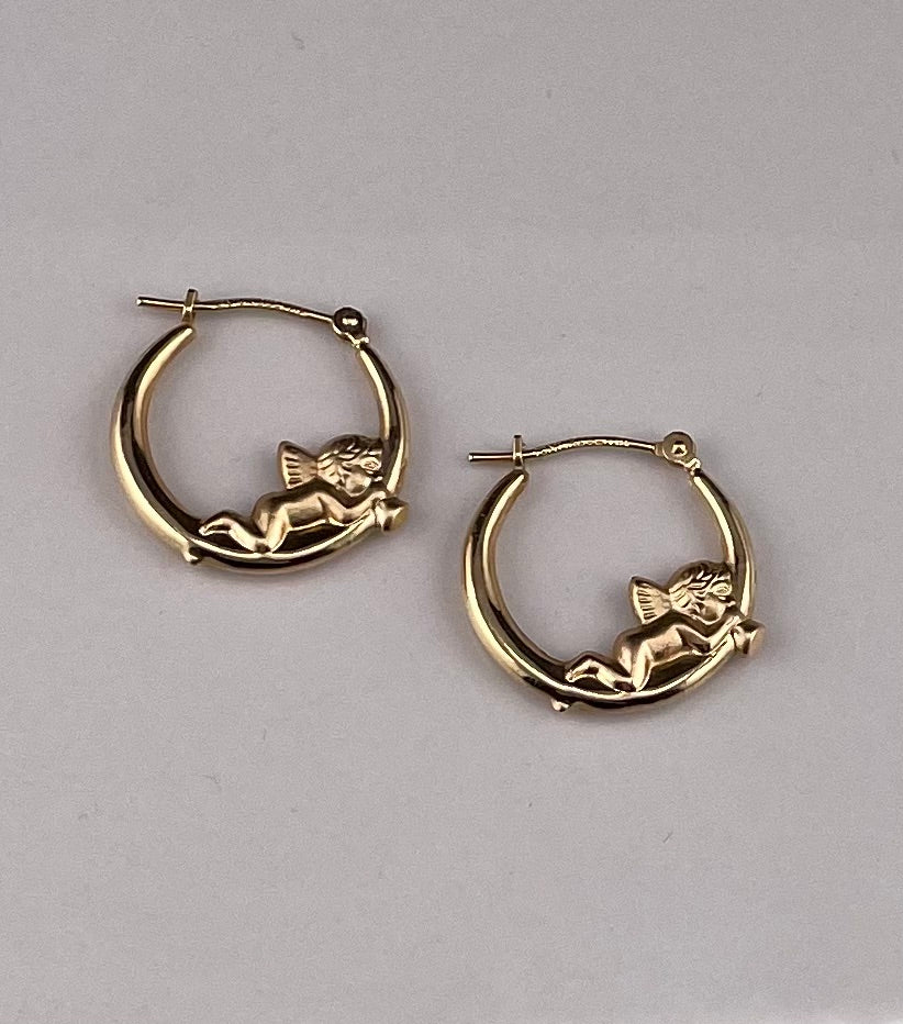 14K Yellow Gold Hoop Earrings With Angels