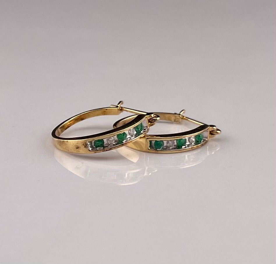 14K Yellow Gold Earrings With Diamonds & Emeralds