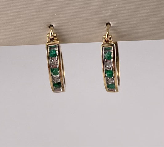 14K Yellow Gold Earrings With Diamonds & Emeralds